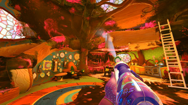 The interior of a small house, showing a kitchen area to the right and a staircase leading to a mezzanine floor on the left. A tree grows through the middle of the house and the walls are covered in clocks. A power washer in the foreground is cleaning a wooden beam.